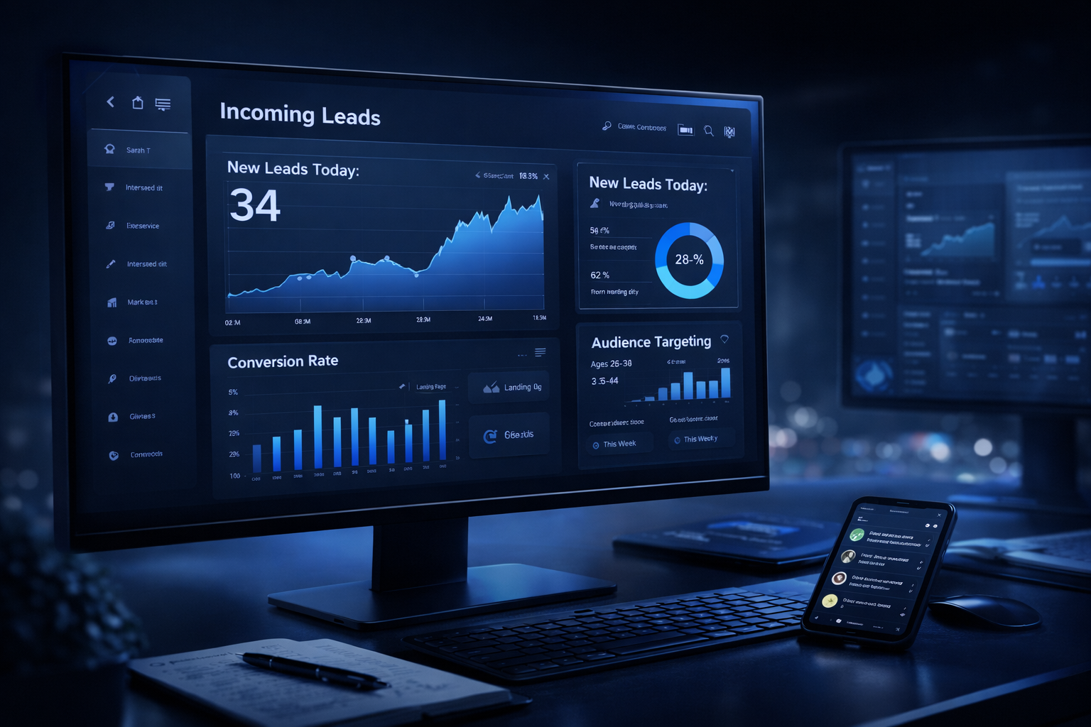 Lead generation dashboard showing incoming leads, conversion data, and audience targeting