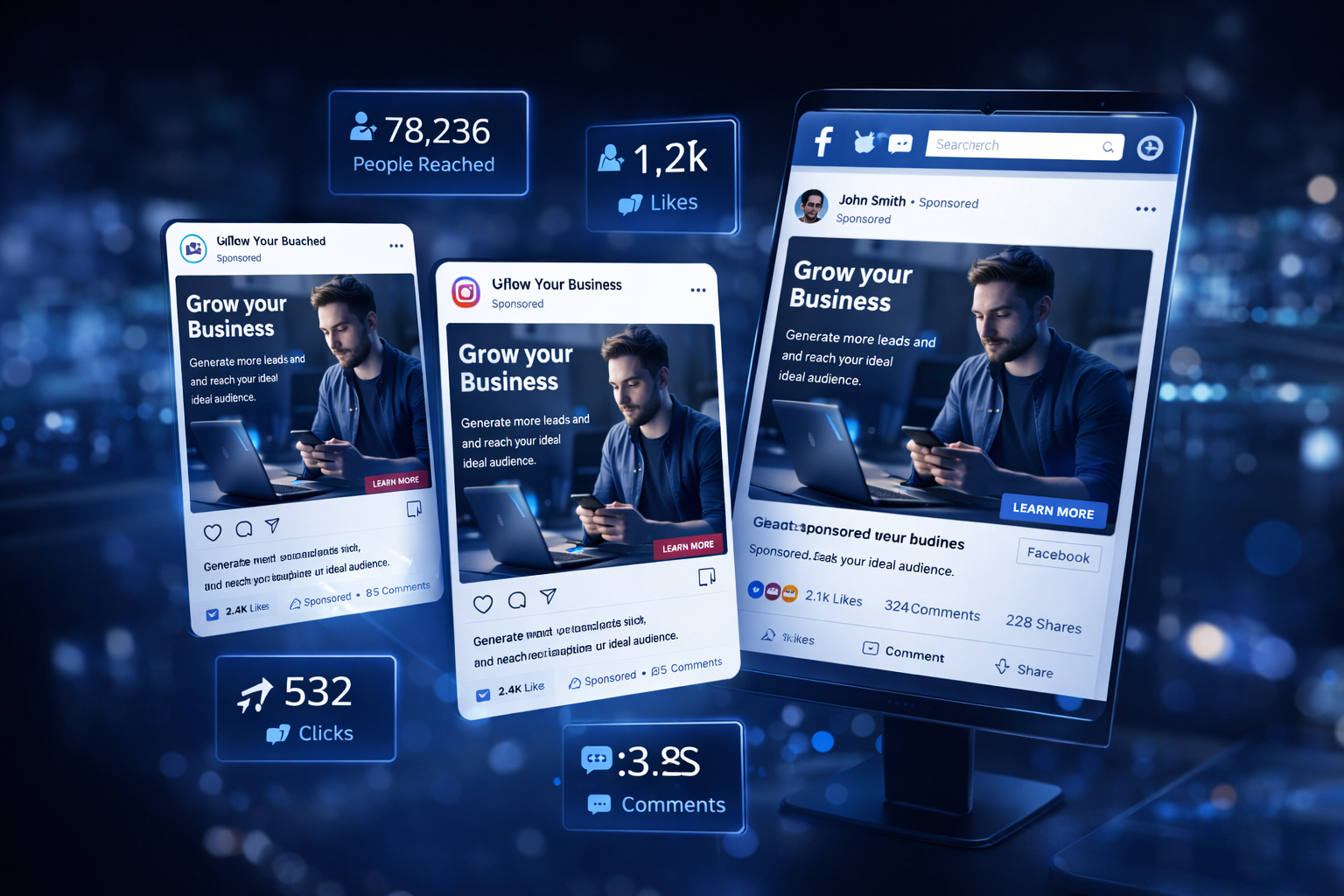 Social media advertising campaigns showing Facebook and Instagram ads with reach and engagement metrics