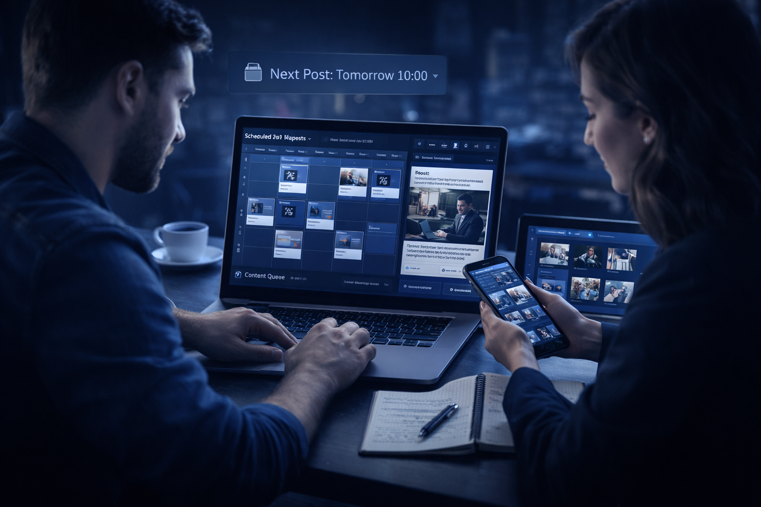 Two professionals planning social media content with a scheduling dashboard and mobile social media preview