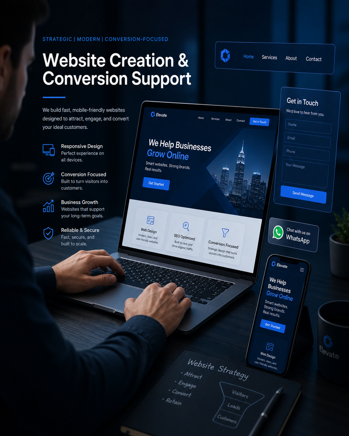 Website creation and conversion support workspace with responsive website design and contact form
