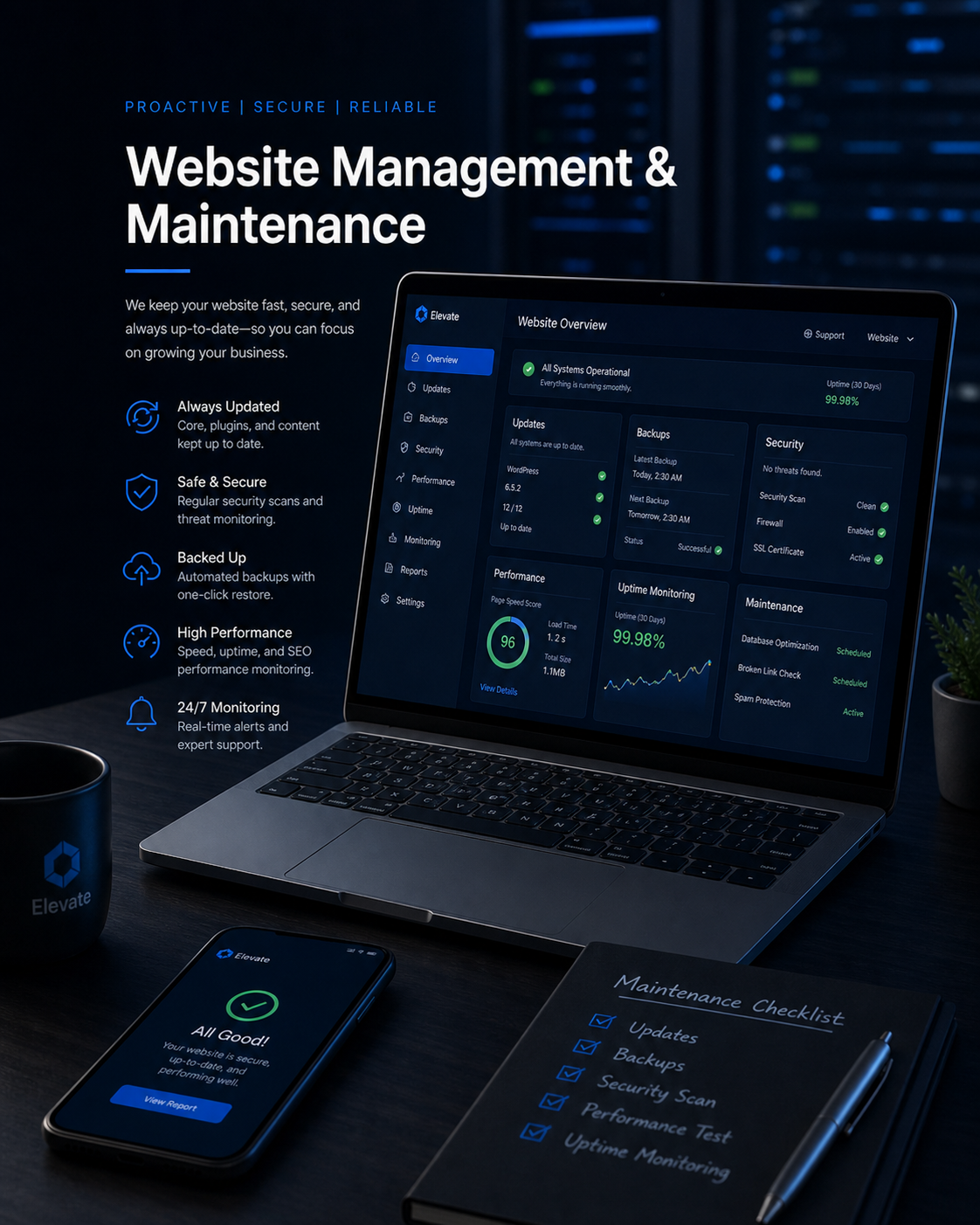 Website management and maintenance dashboard showing updates, backups, security, and uptime monitoring